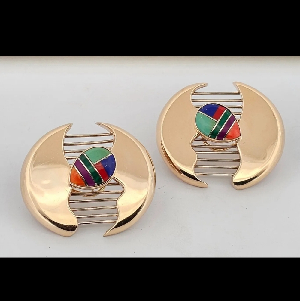 14k Yellow Gold Earrings Multi Gemstone Inlay Earrings Large 21.8 grams